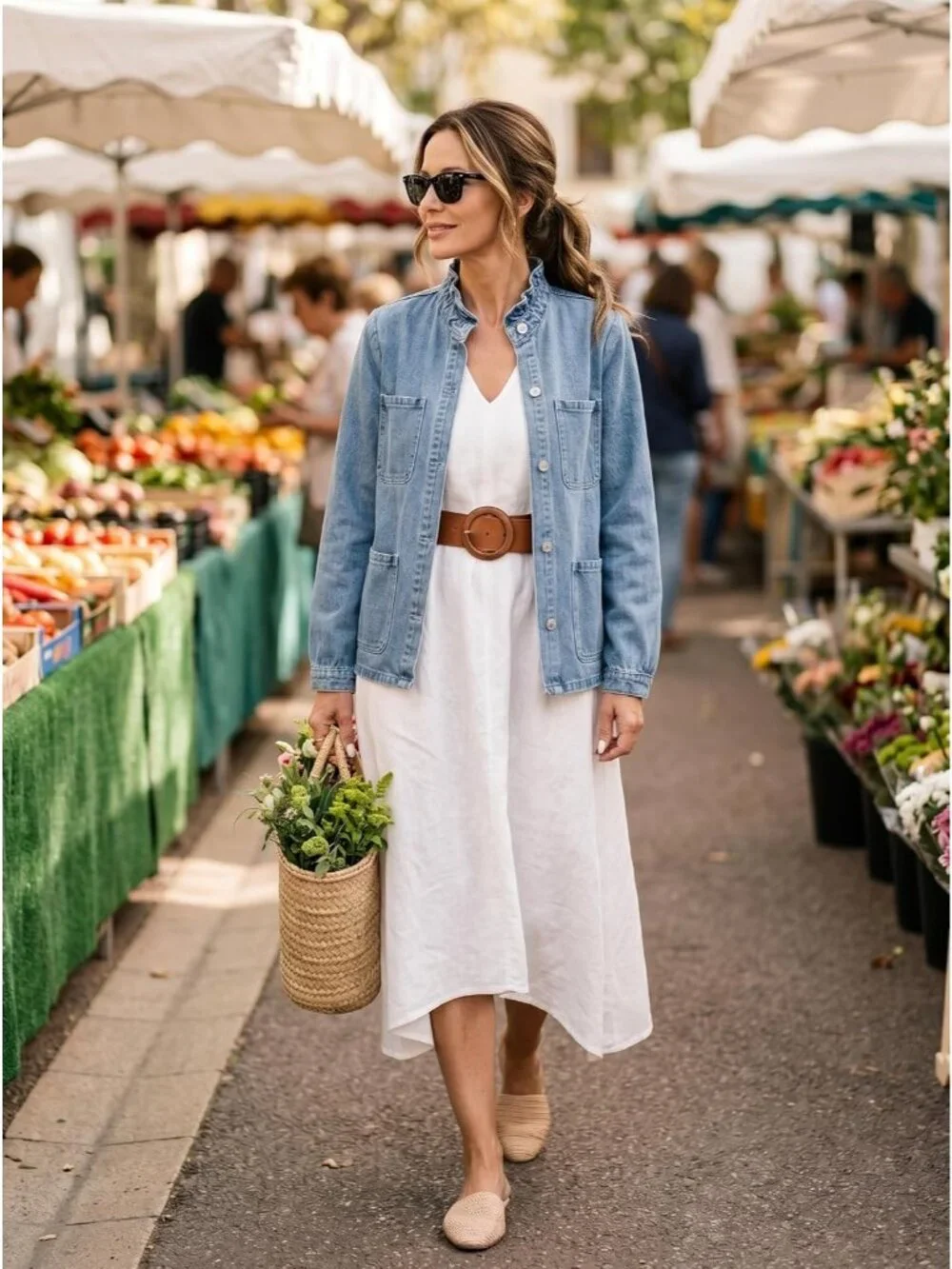 Women's Blue Button Down Ruffle Casual Oversized Cropped Jacket with Pockets